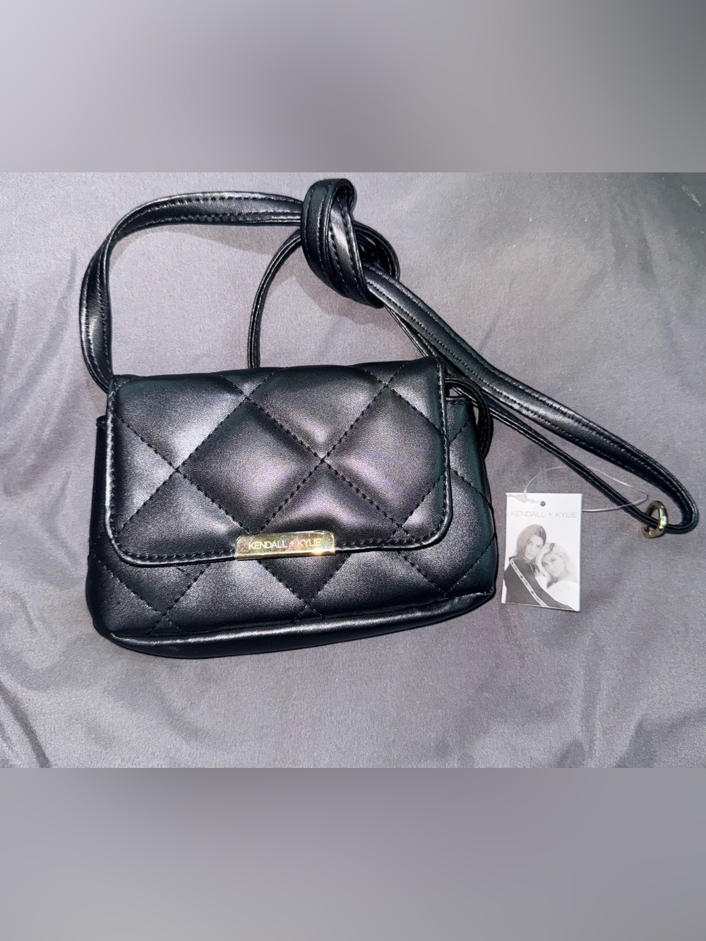 Kendall & Kylie Black Quilted Mini Crossbody with Gold Plate